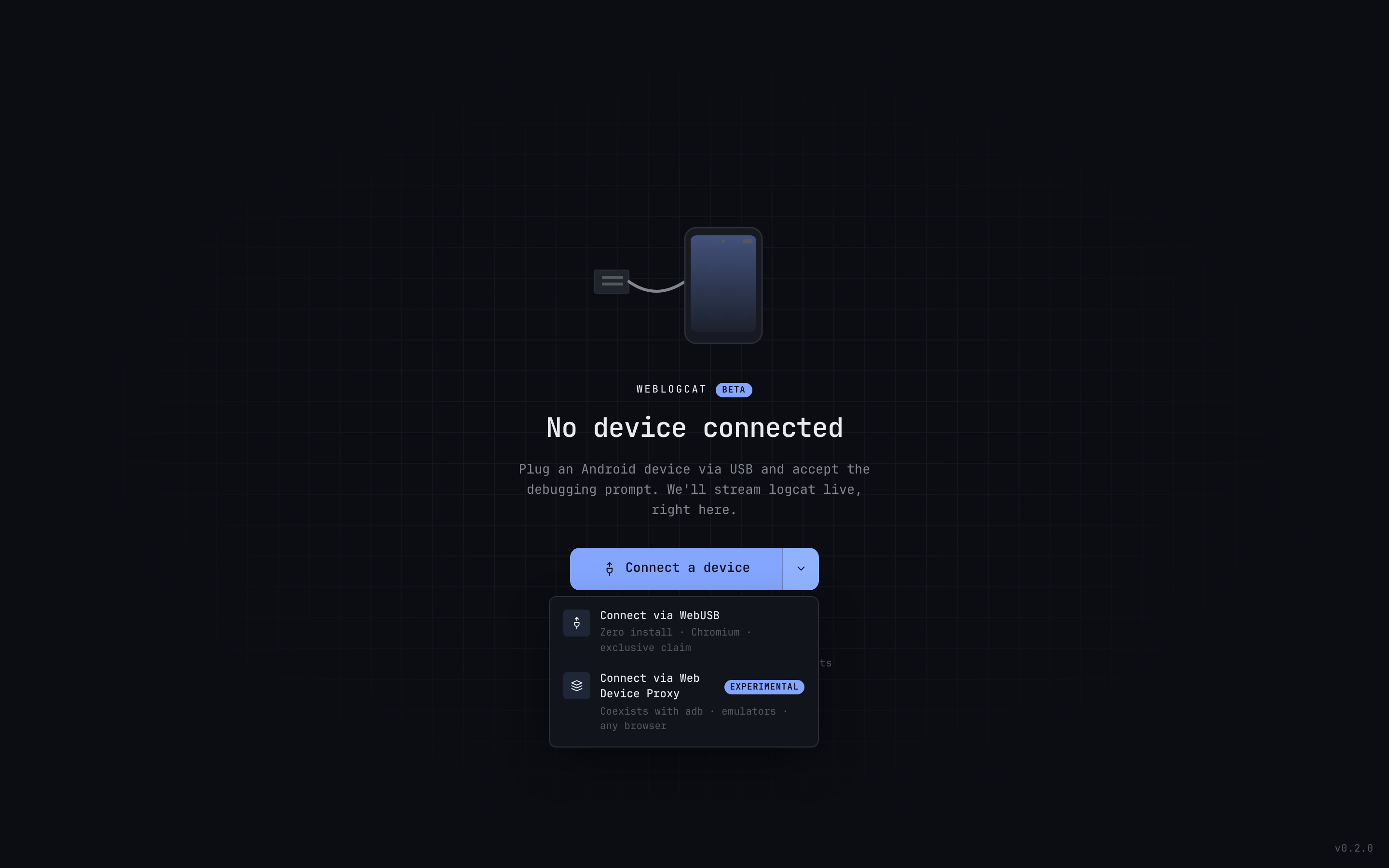 Connect-a-device button with a dropdown arrow, opened to show 'Connect via WebUSB' and 'Connect via Web Device Proxy' (experimental) options