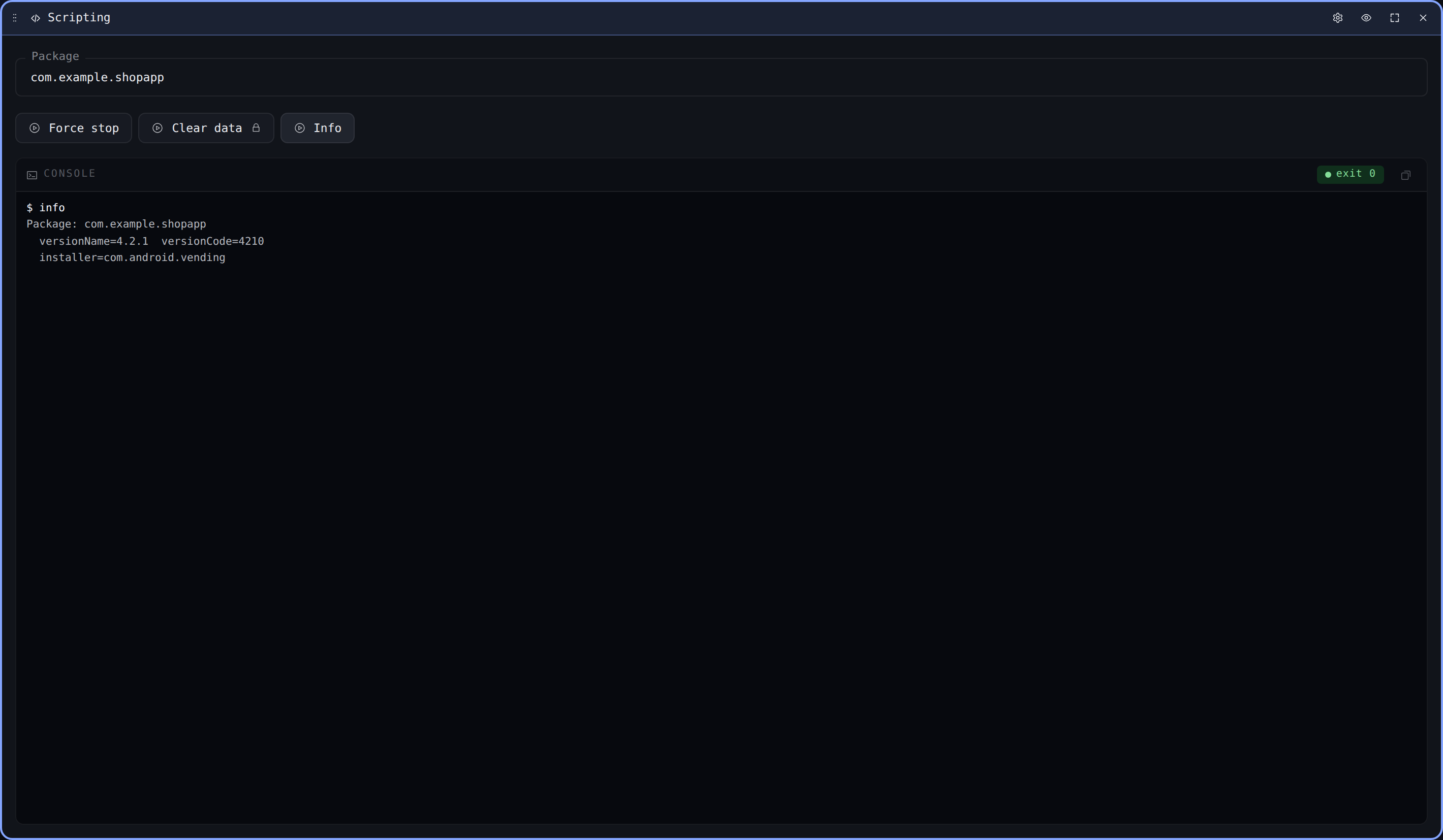 Scripting tile — a Package toolbox panel with a text input, action buttons, and a console