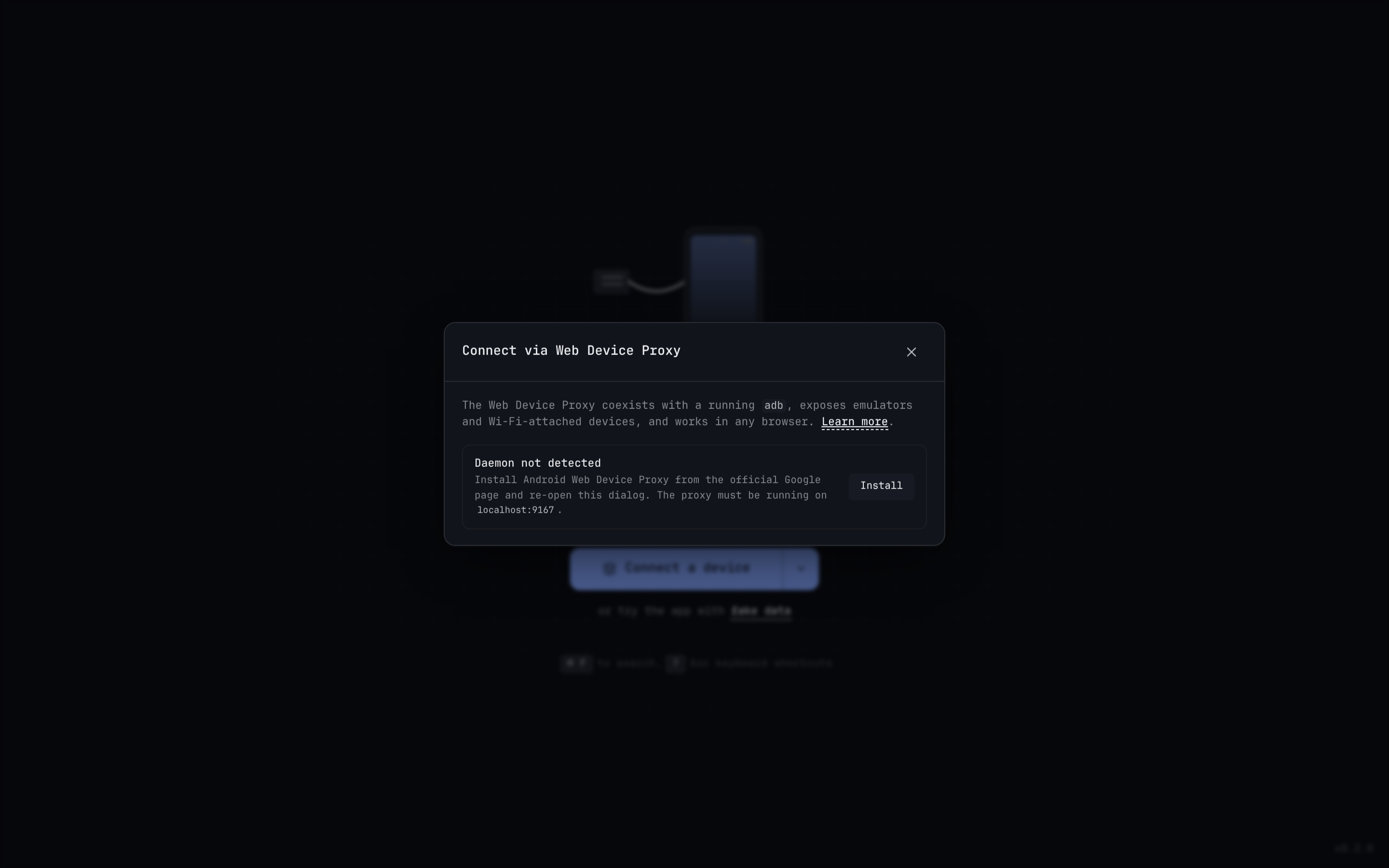 Web Device Proxy dialog showing 'Daemon not detected' with an Install button