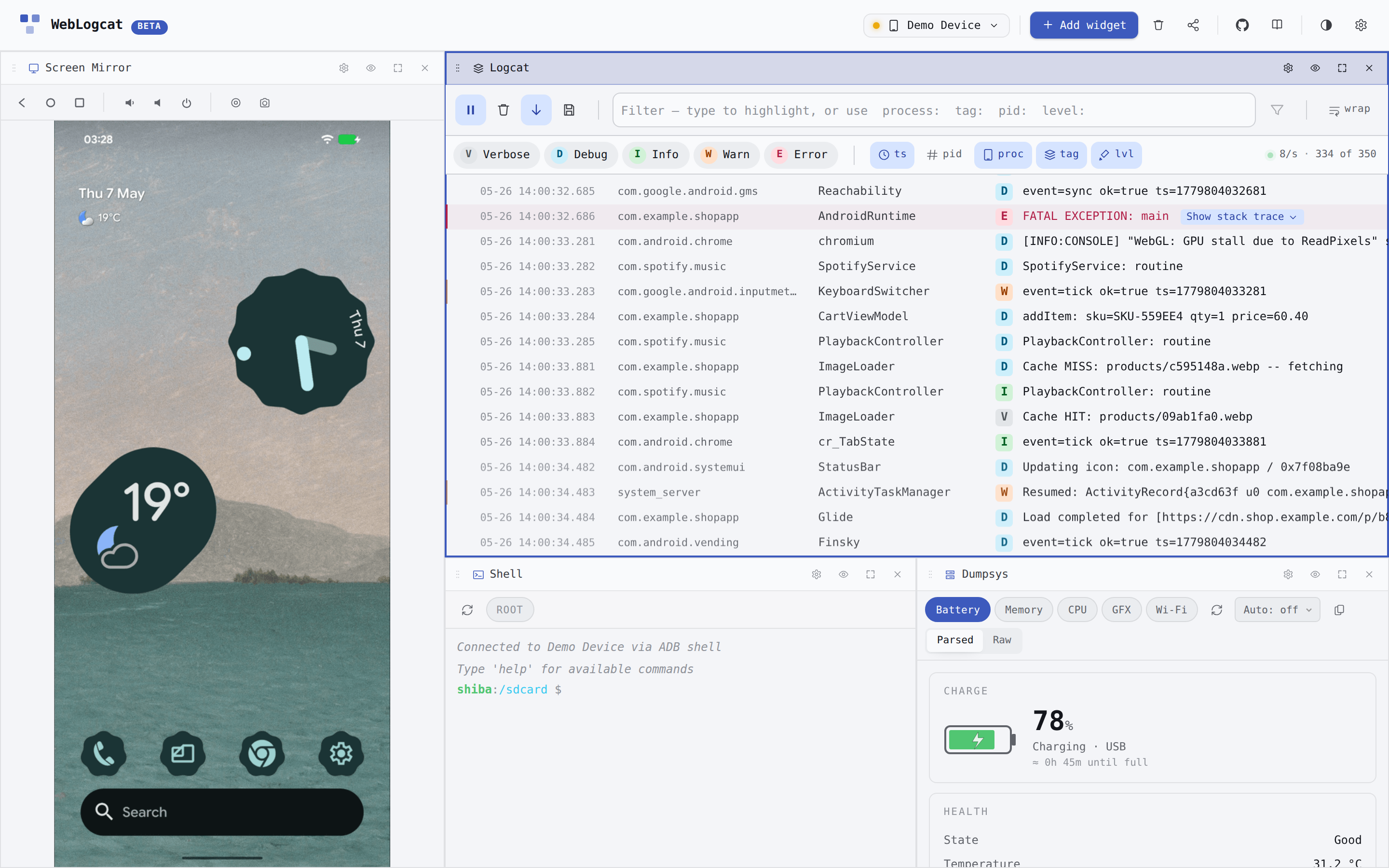 WebLogcat dashboard with Mirror + Logcat + Shell + Dumpsys tiles