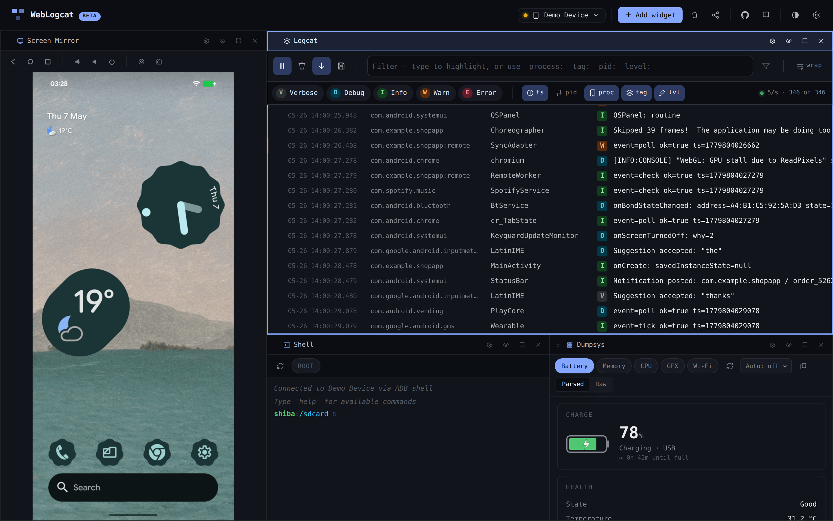 WebLogcat dashboard with Mirror + Logcat + Shell + Dumpsys tiles